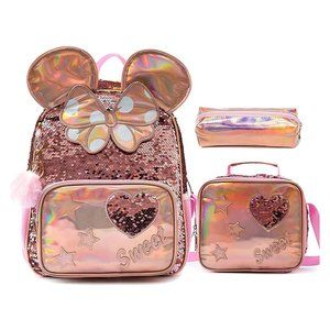 lvyH Women Girls 3 in 1 Rolling Backpack Sequins Backpacks with Lunch Pencil Bag